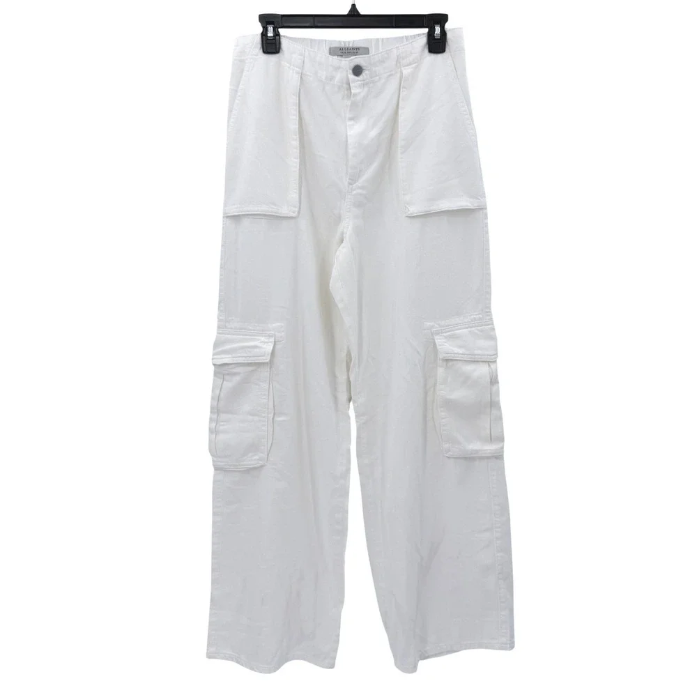 AllSaints Frieda Straight Cargo Trousers White Wide Leg Utility Pants US 8‎